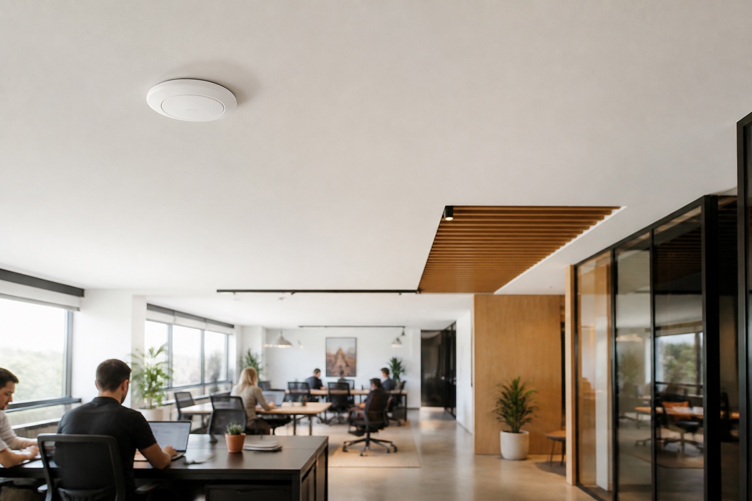 Ceiling-mounted wireless access point in a modern professional office